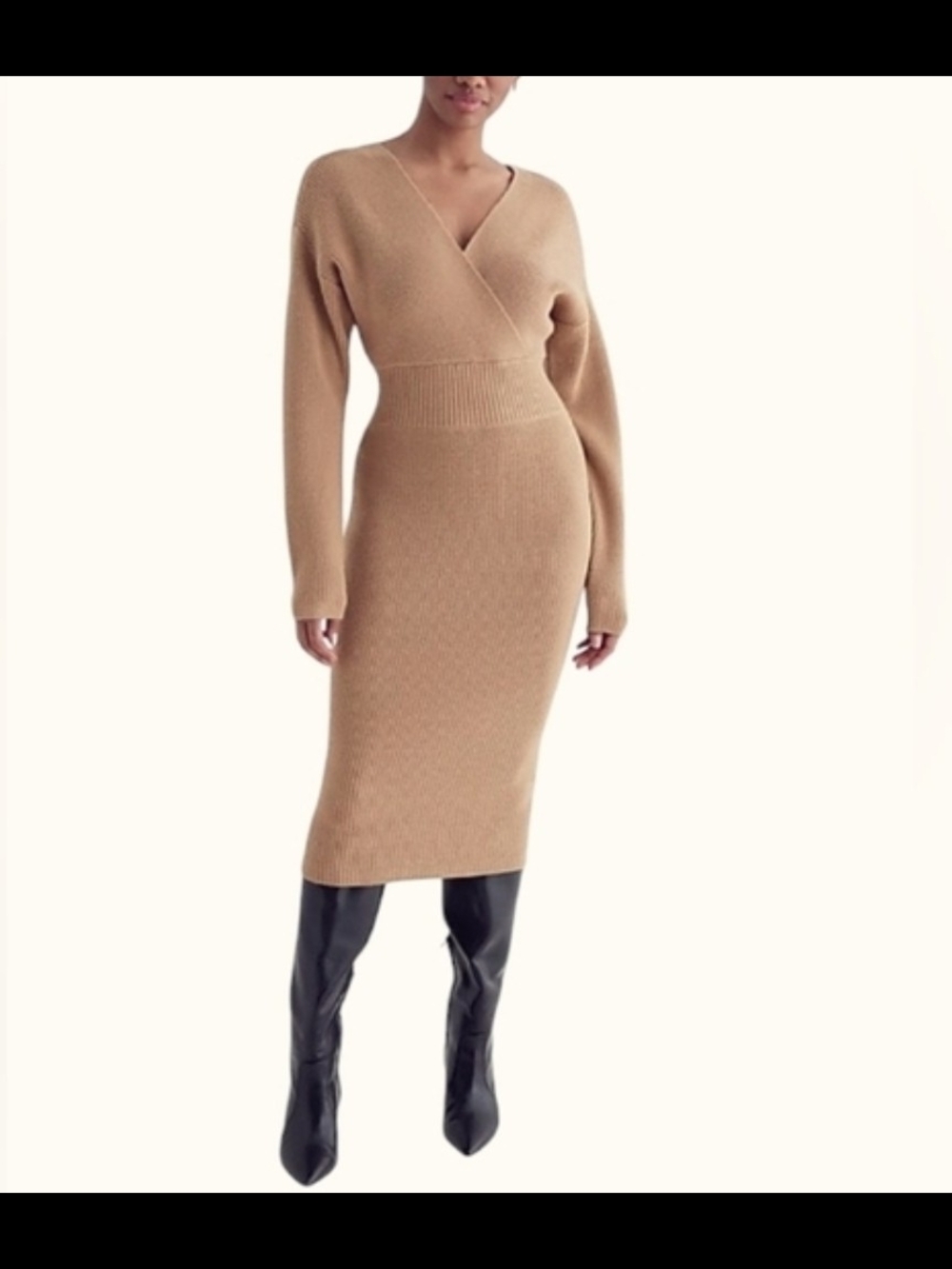 Express Camel Wrap Ribbed Midi Sweater Dress